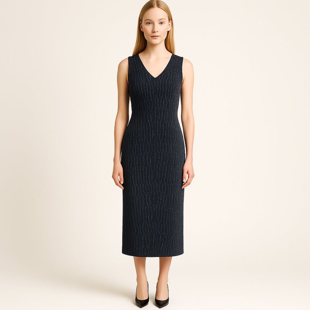 Armani Collezioni  Navy Blue & Grey Textured Stretchy Jacquard Shift Dress Italy
